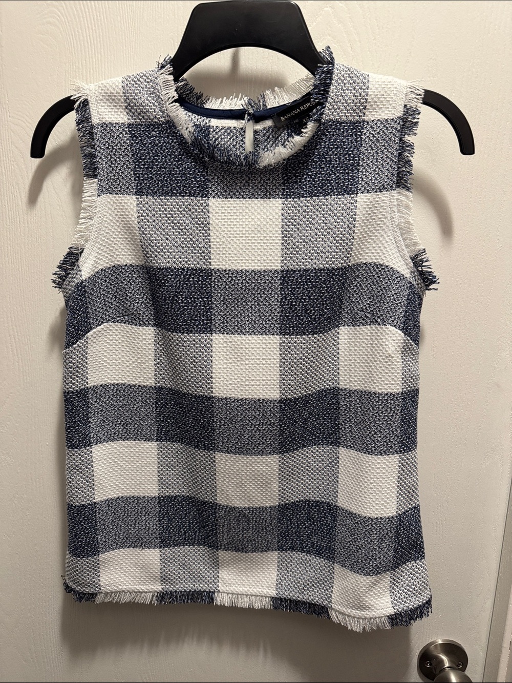 Banana Republic Navy & White Checked Fringe Sleeveless Shell